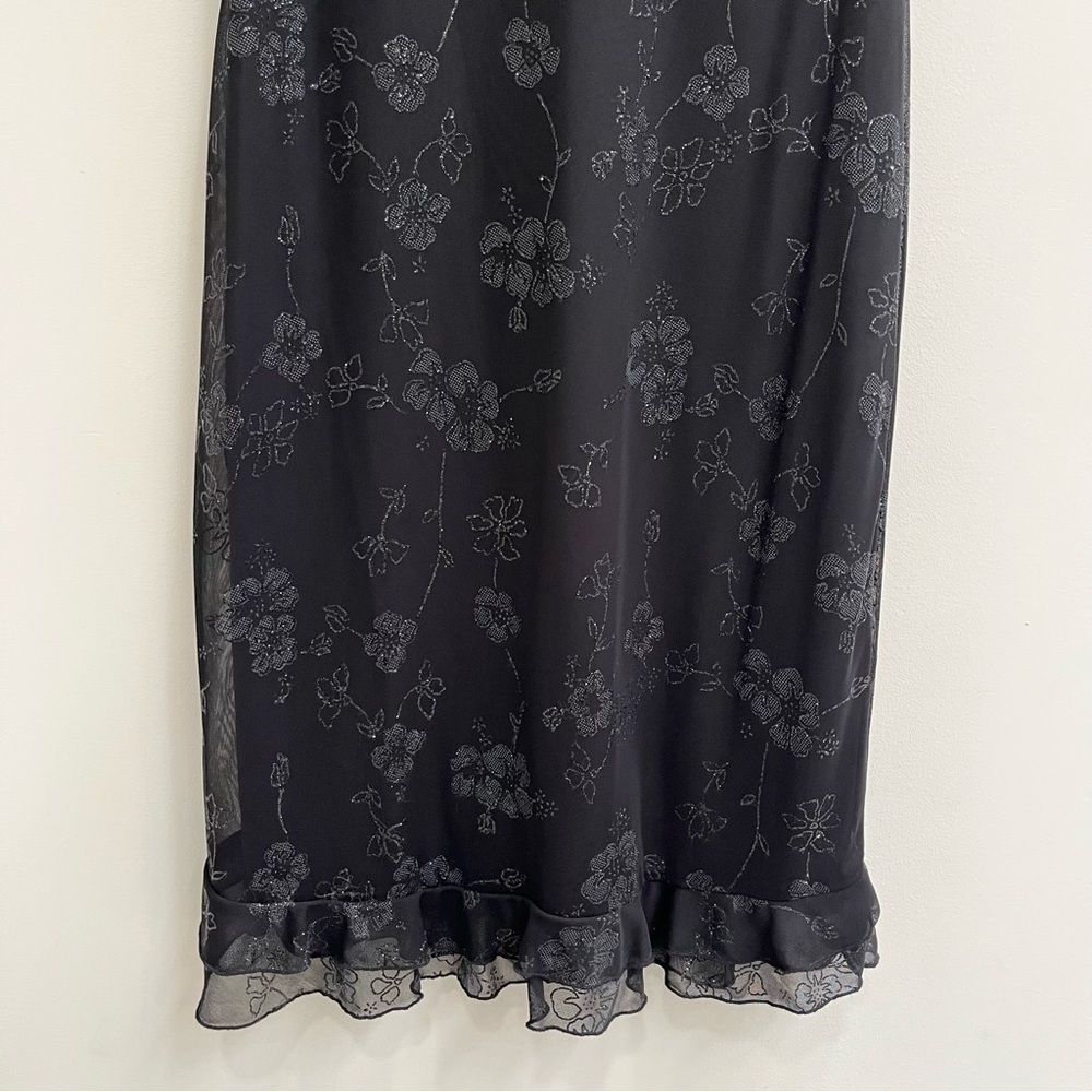 Vintage Y2K Black Floral Silver Glitter Sheer Overlay Mesh Dress Ruffle Hem L - Picture 6 of 11